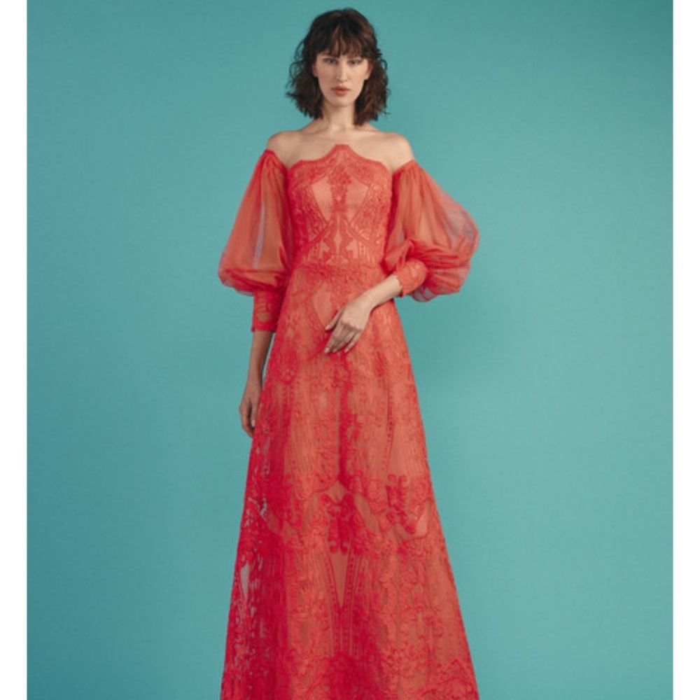 Elegant Red Long Sleeve Lace Dress